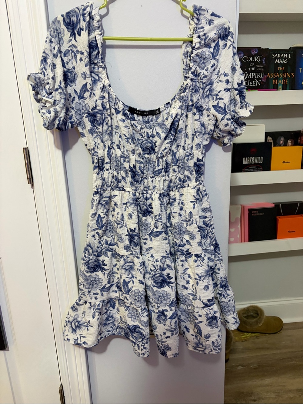 White and Blue Floral Mini Dress with Puff Sleeves